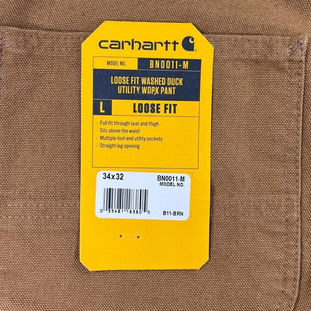 NWT! Carhartt Mens Loose Fit Washed Duck Utility Work Pants Brown 34x32 B11-BRN